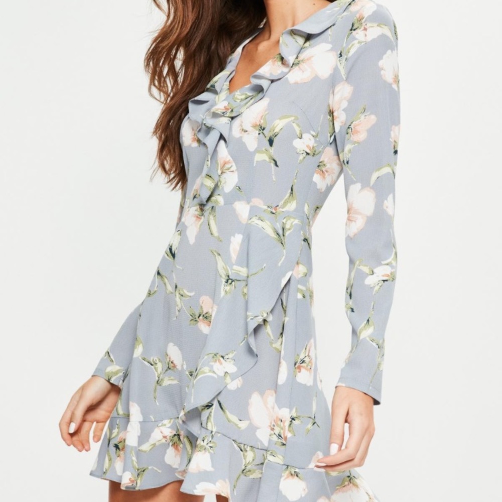 Missguided Blue Floral Ruffle Tea Dress